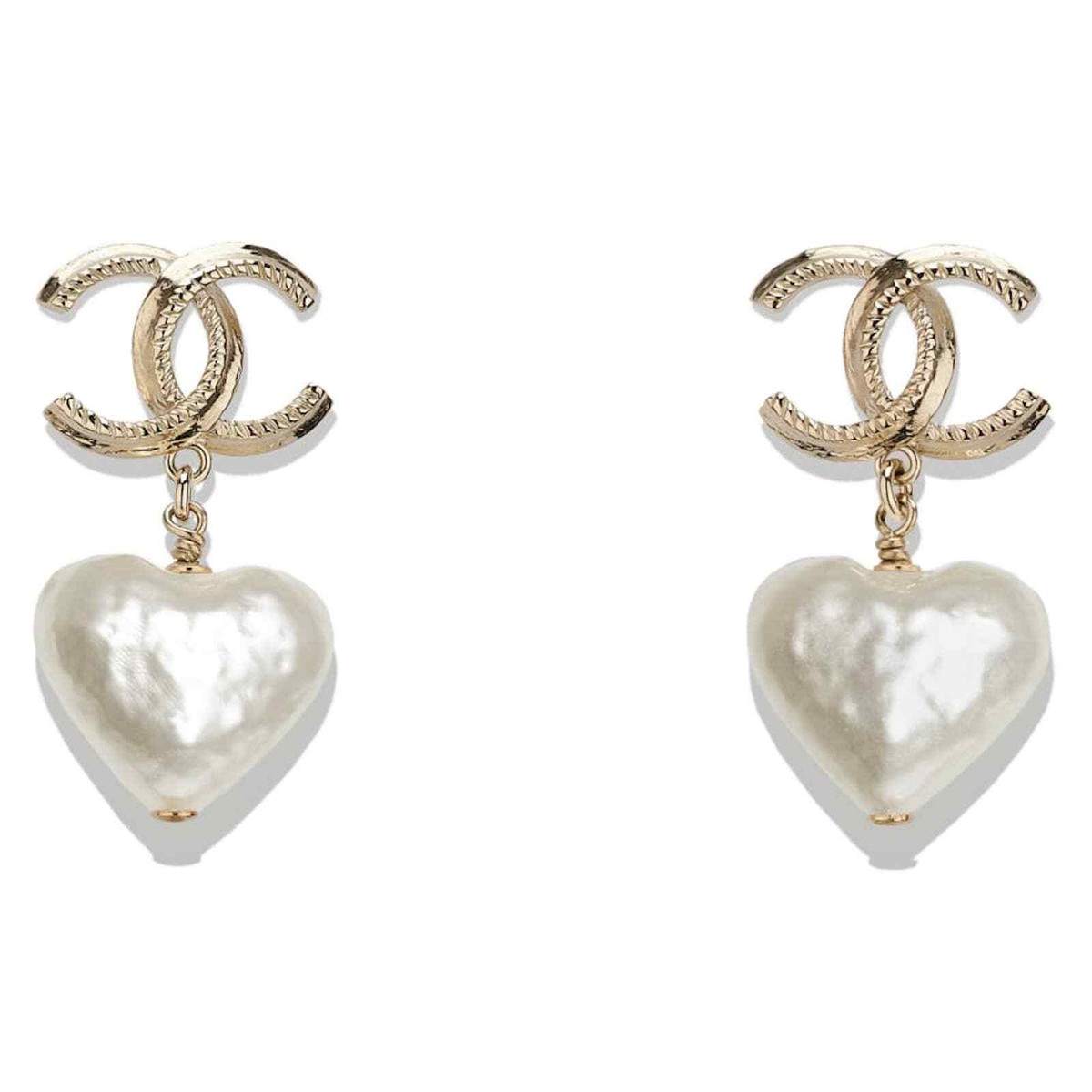Chanel 22C Gold Heart Pearly White CC Logo Large Dangle Drop