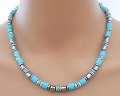 Halskette Collier Walzen Tube Türkis Silber Hämatit Glas Strass 605a - Bild 1 von 4