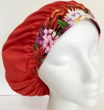 Floral Band Red Scrub Cap Small Bouffant Medical Surgeon Anesthesiologist Hat