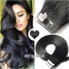 FULL HEAD THICK Tape In Remy Human Hair Extensions Skin Weft 150g 60pcs Black