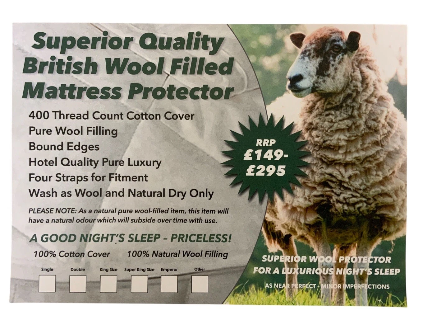 ULTIMATE LUXURY MATTRESS PROTECTOR BY V SPRING / SOMNUS QUEEN SIZE WOOL 400 T/C