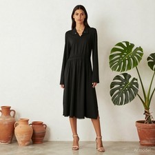 Nautical Maxi Dress Black Striped Shift Collared Long Sleeve Zip Draped L