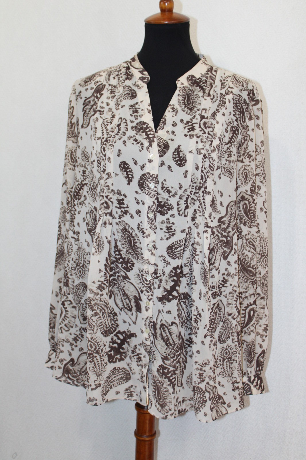 Knox Rose Size 1 Brown Paisley Print Sheer Pleated Long Sleeve Peasant Blouse