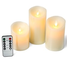 Image of LED Flameless Pillar Candles Flickering Battery Operated With Remote - Set of 3