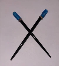 Vintage Black Wood Hair Sticks w/Turquoise Striped Toppers – Silver Accent Rings