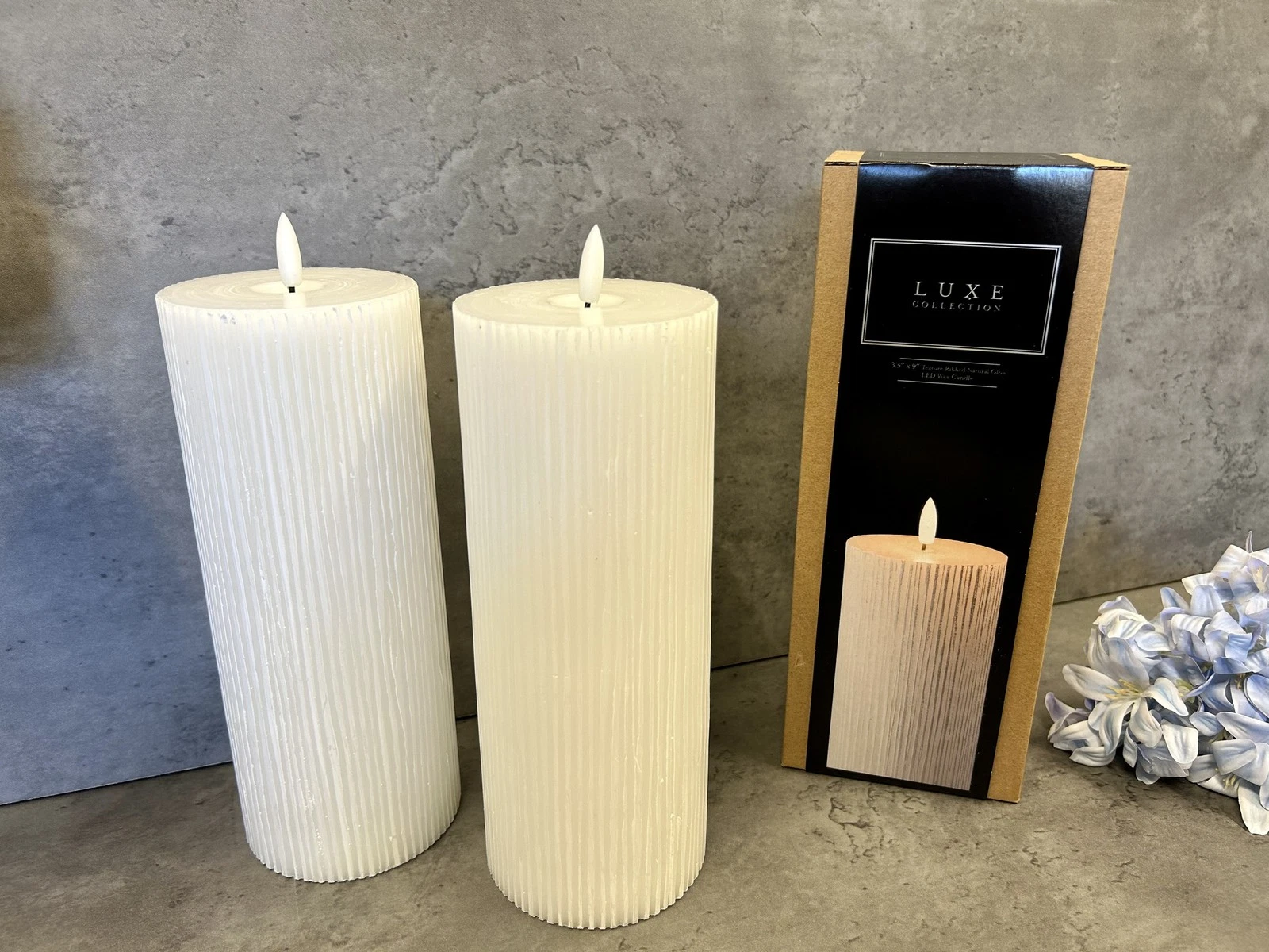 23cm LED Pillar Candle White Ribbed Real Wax Natural Glow Flame Timer Batt Inc