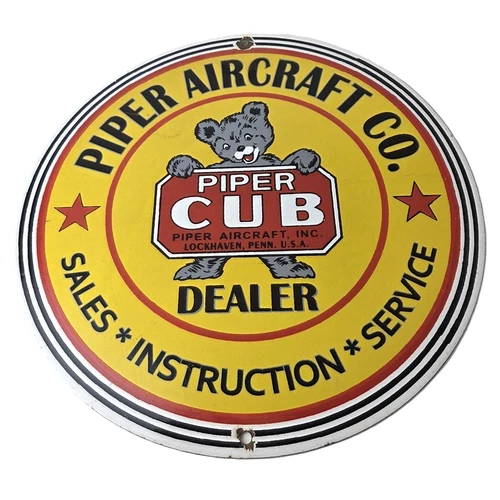 Vintage Piper Cub Aircraft Sign - Aviation Hangar Gas Airplane Porcelain Sign