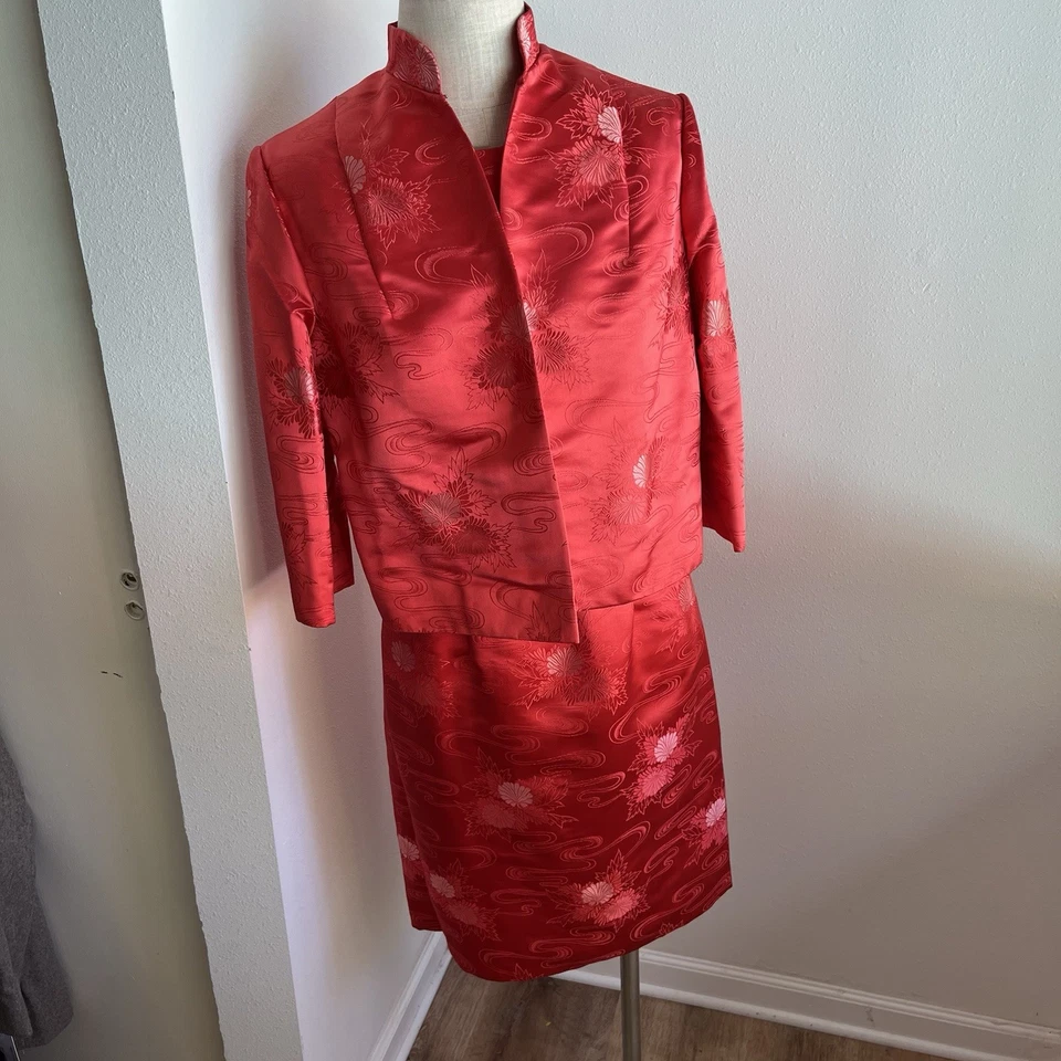 Vtg 60s Fou Wah Hong Kong Silk Satin Dress Red Brocade Size XS/S w/Jacket- 2 pc - Image 4 of 4