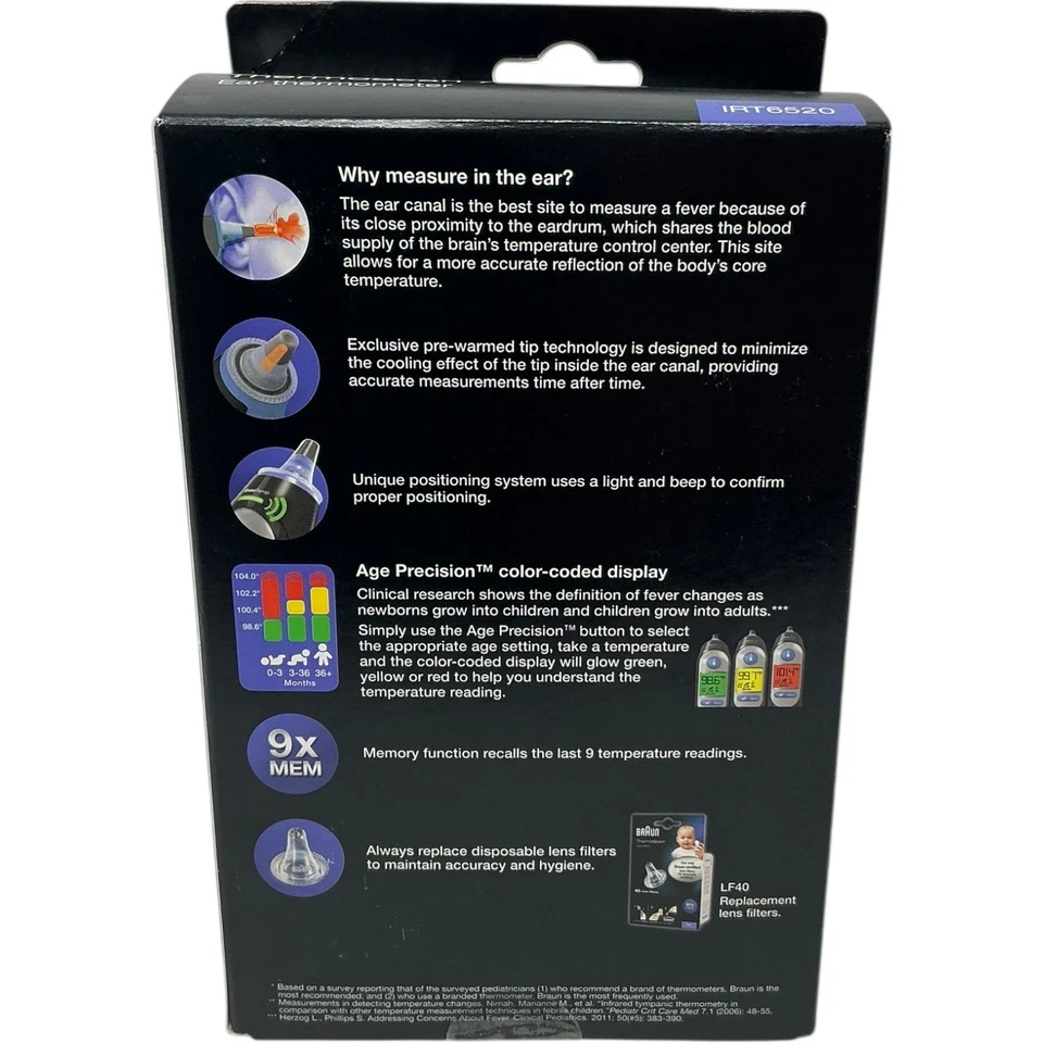 Braun ThermoScan 7 IRT6520 Termómetro Digital de Oído Negro Edad Precisión Nuevo  Foto 2 de 4