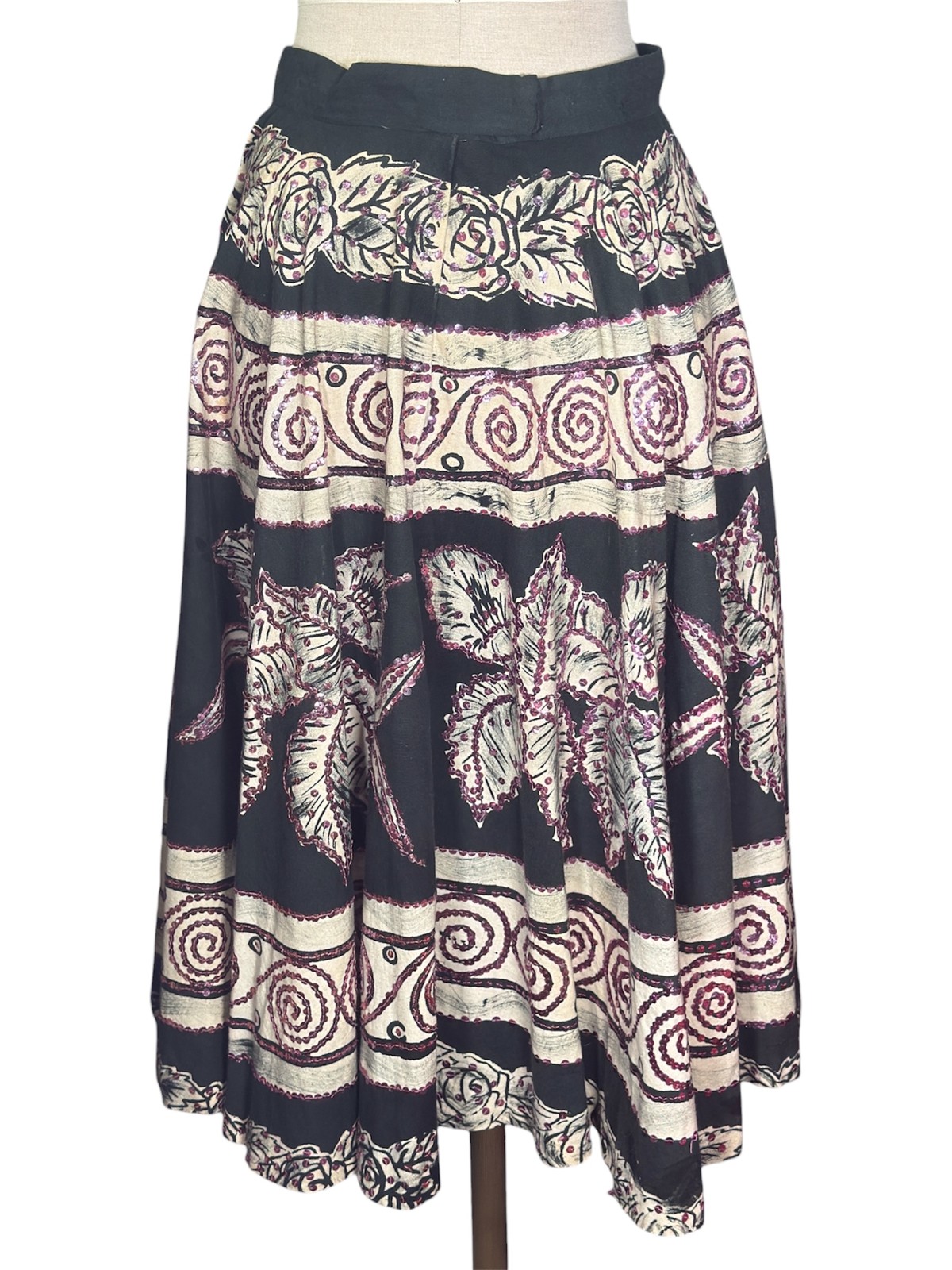 1950s Vintage Sequined Mexican Circle Painted Skirt - Size Small