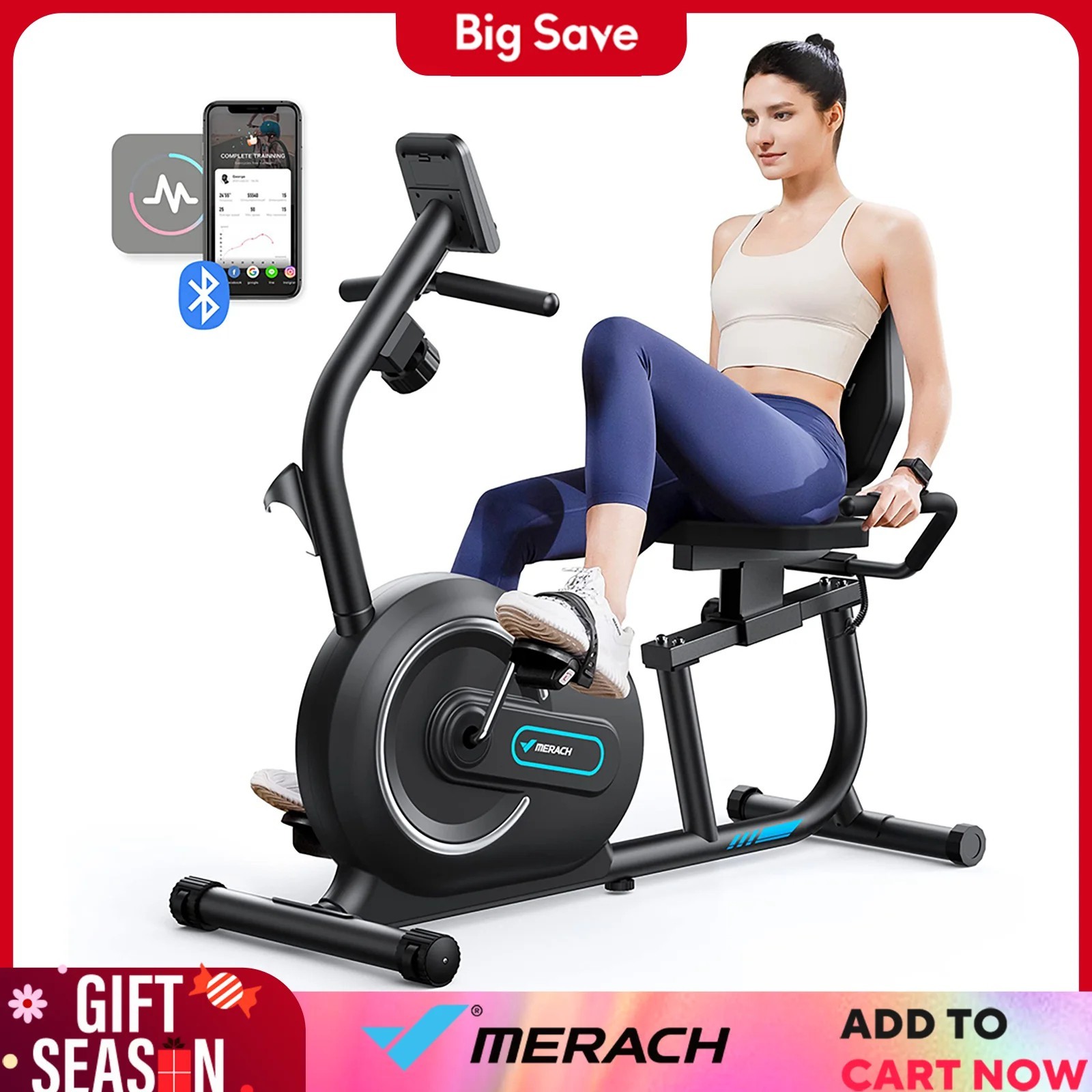 Bicicleta de Ejercicio Inteligente Bluetooth Premium Reclinada Magnética LCD Frecuencia Cardíaca Hogar Aplicación