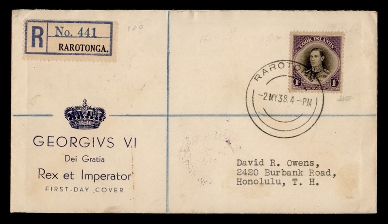 DR WHO 1938 COOK ISLANDS FDC KGVI REGISTERED R78702