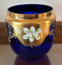 VTG Egermann Bohemian/Czech Cobalt Blue Vase Gold Gilded Enameled 3D Flowers 6.5