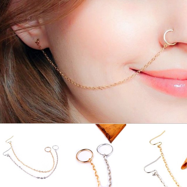 Fashion Women Crystal Nose Ring Earring Chain Set Jewelry Body Piercing