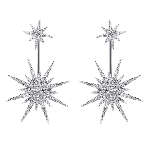 18K White Gold Plated CZ Crystals STAR STARBURST 1.5" Long Earrings Party PE43 - Picture 2 of 8