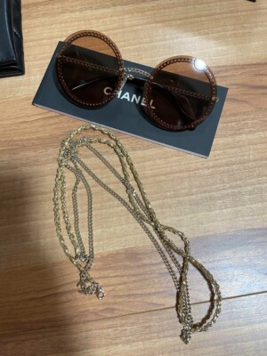 CHANEL Round Rimless Sunglasses with Chain Brown Gold 4245  display picture 2
