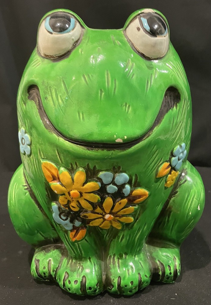 Vintage 1969 Holiday Fair Green Cartoonish Frog Coin Bank 9” Tall Resin Bank