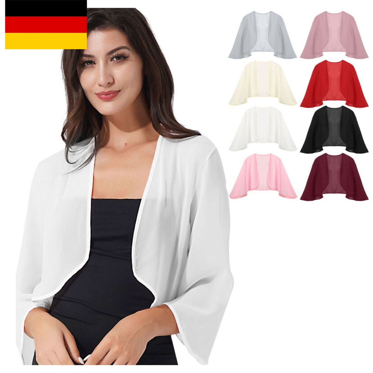 DE Damen Bolero Jacke Chiffon 3/4Ärmel Shrug Elegant Cardigan Tops
