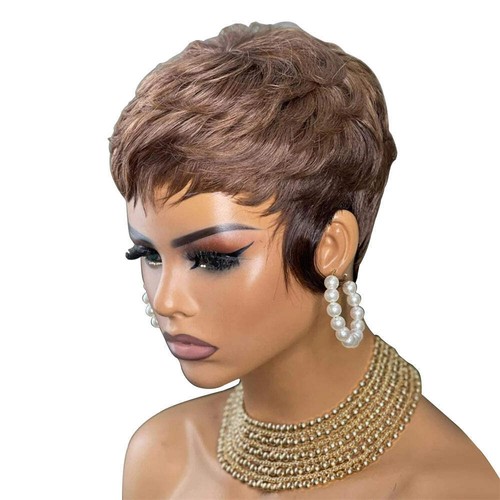 Women's Short Pixie Cut Bob Human Hair Full Machine Wig - Picture 4 of 7