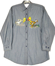 Y2K VTG The Disney Store Winnie Pooh Button Down Denim Shirt Embroidered Tigger