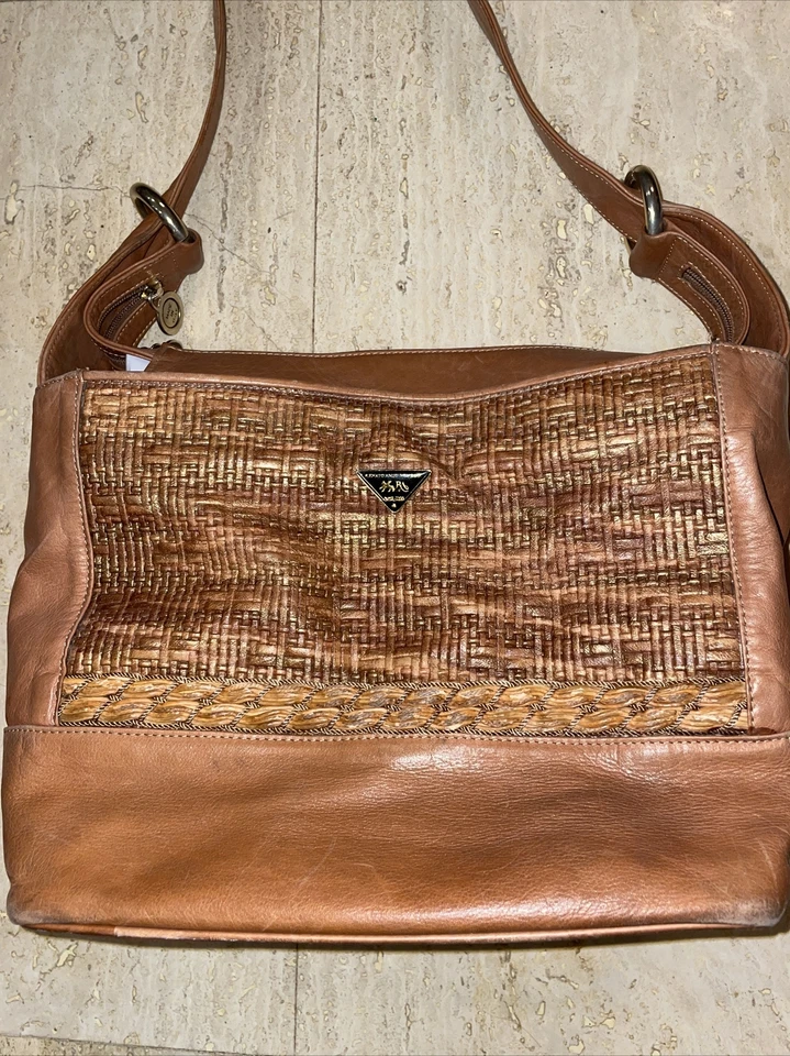 Bolso de Hombro RENATO ANGI Italia Dorado Marrón Cuero Suave Tejido Cesta Patrón Foto 2 de 4