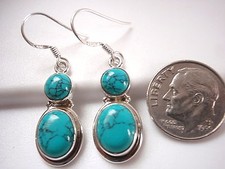 Blue Turquoise Double Gem 925 Sterling Silver Dangle Earrings