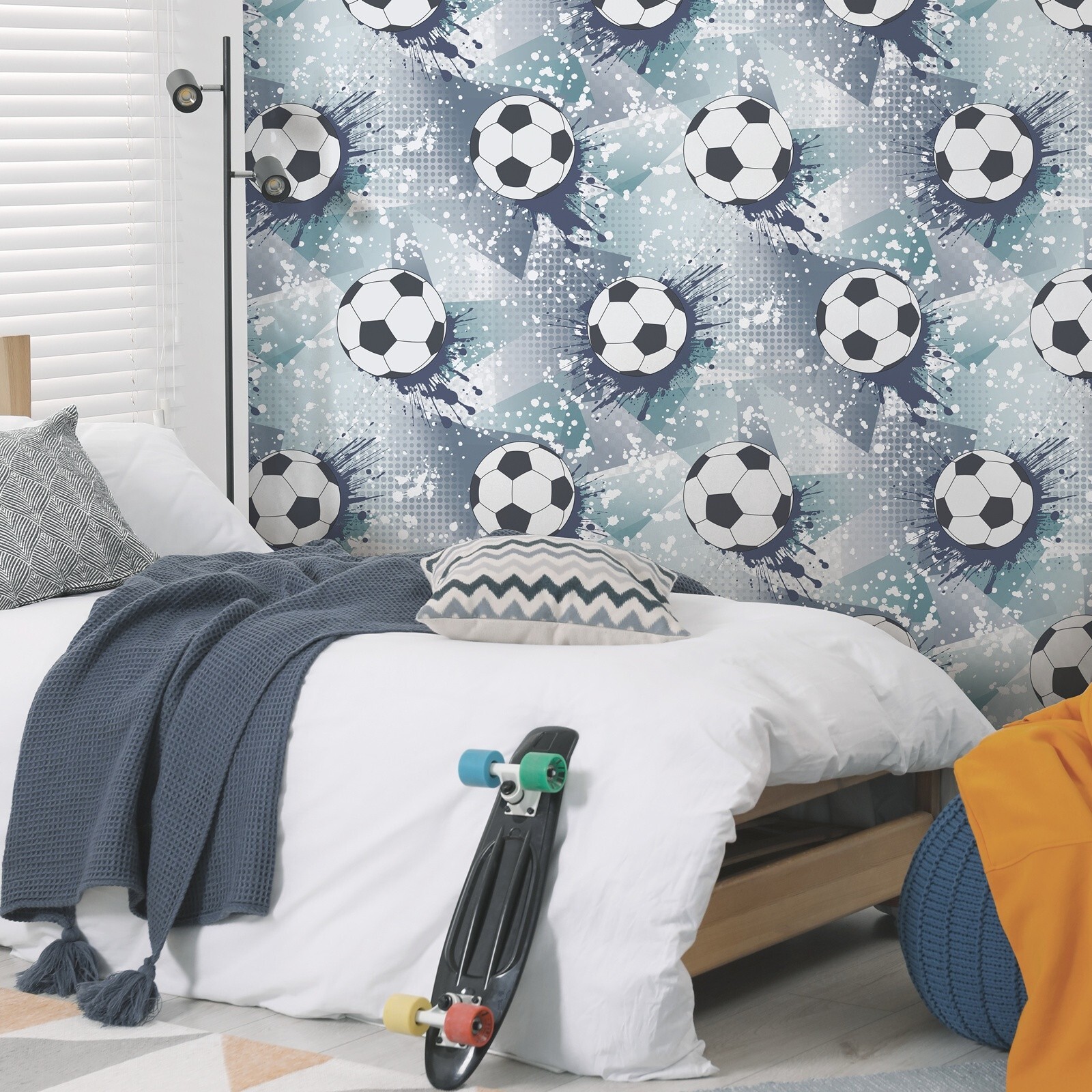 Navy Football Frenzy Wallpaper Teal Boys Kids Bedroom Playroom Feature Wall