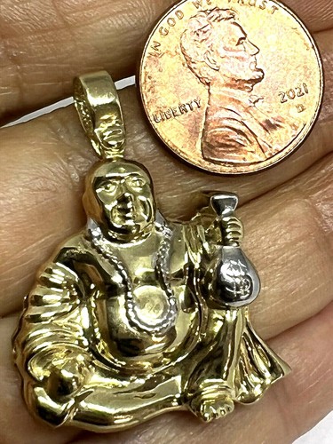 GoLD buddha buddhism Buda happy pendant 10k charm necklace luck money bag 1.40” - Picture 8 of 12