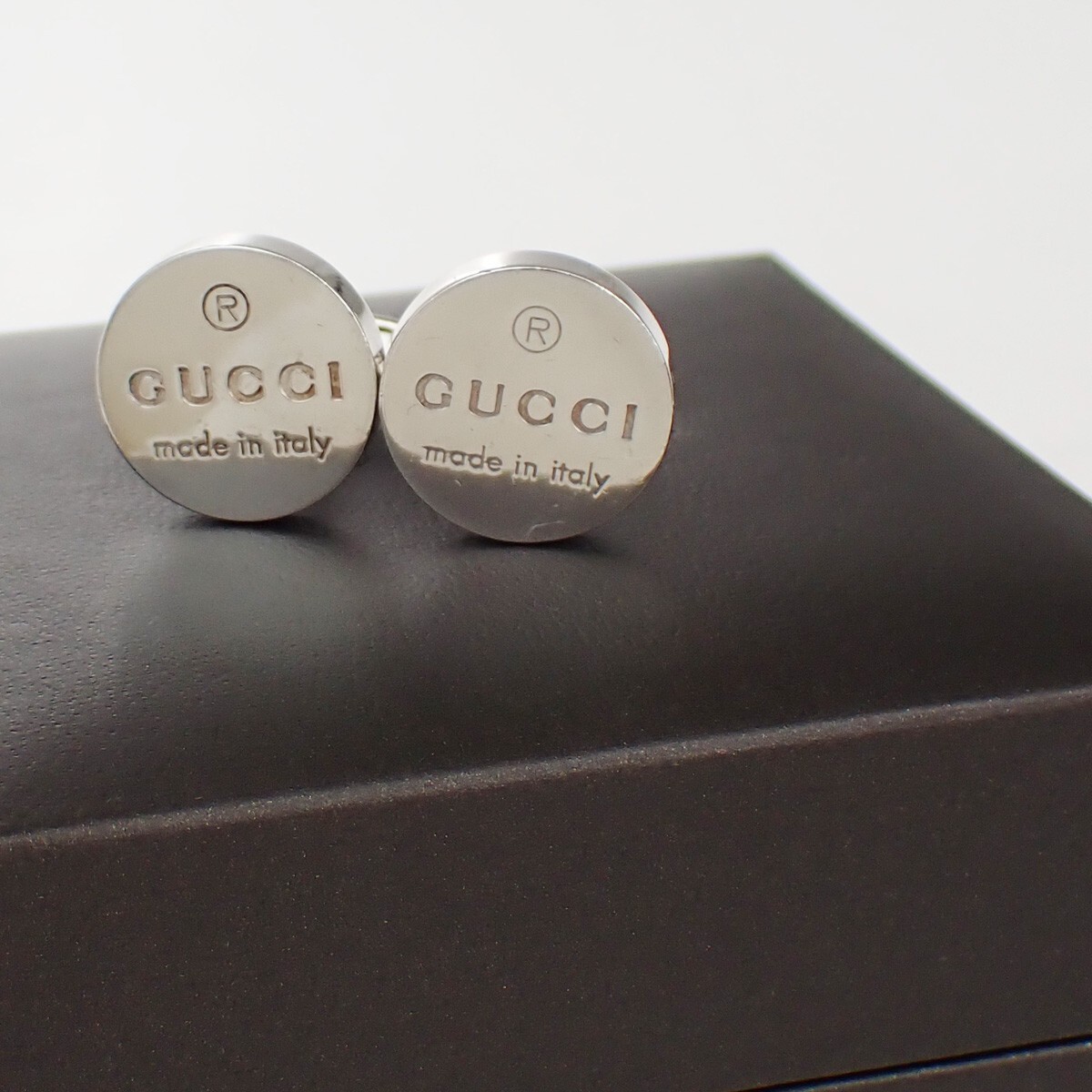 GUCCI Logo Round Circle Cufflinks Silver 925 Italy Accessory