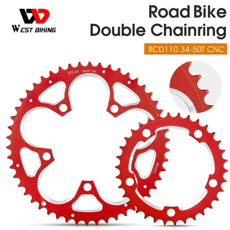 Plato de bicicleta de carretera WEST BIKING 110BCD 34T/50T placa de dientes 8/9/10/11 velocidades rojo Foto 2 de 4