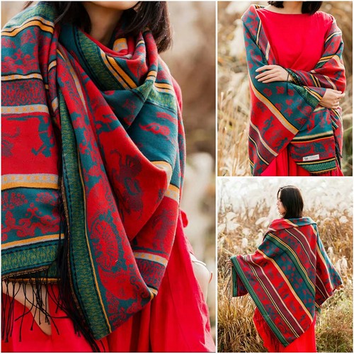 New Square large 135CM Vintage Paisley Cashmere Wool Soft Warm Wrap Shawl Gift - Picture 6 of 26