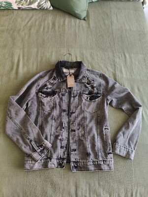 Brooklyn Supply Mens Denim Jacket Black Grey Distressed Size