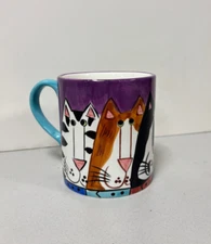 Vintage Catzilla Candace Reiter Purple Hand Painted Multiple Cat Coffee Mug Cup