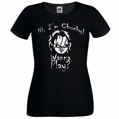 Damen-T-Shirt Killer Puppe Wanna Play Halloween Horrorfilm Zitat Lady Fit schwarz