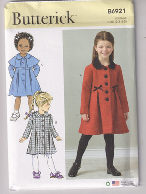 6921 BUTTERICK - COAT w Variations - Toddler GIRL Sz 2/3/4/5