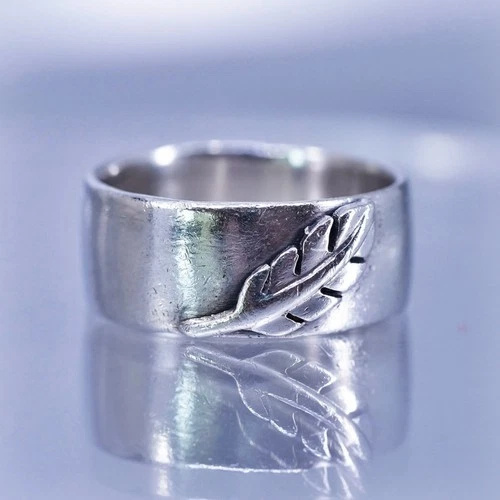 Size 7, vintage southwestern Sterling 925 silver handmade ring, leaf wide band