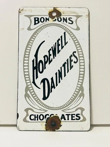 Bonbons Hopewell Dainties Chocolates Porcelain Enamel Vintage Sign 3.5" x6" inch