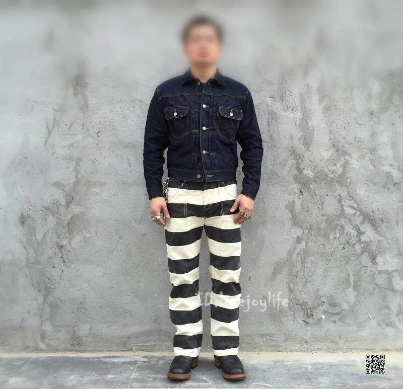 BOB DONG 16 盎司帆布囚犯裤子经典摩托车骑手条纹长裤 - 第 18/21 张图片