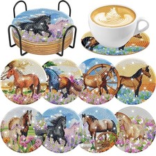 Diamond Art Coasters: 8 Pcs Standing Horse Diamond Painting Spring Horse