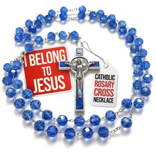 Blue Crystal Rosary Necklace Catholic Crucifix Pendant Gift for men Women