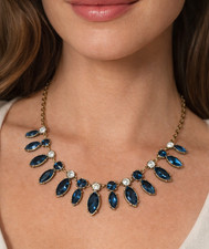 Vintage Blue Rhinestone Bib Necklace Marquise Navette Crystal Statement