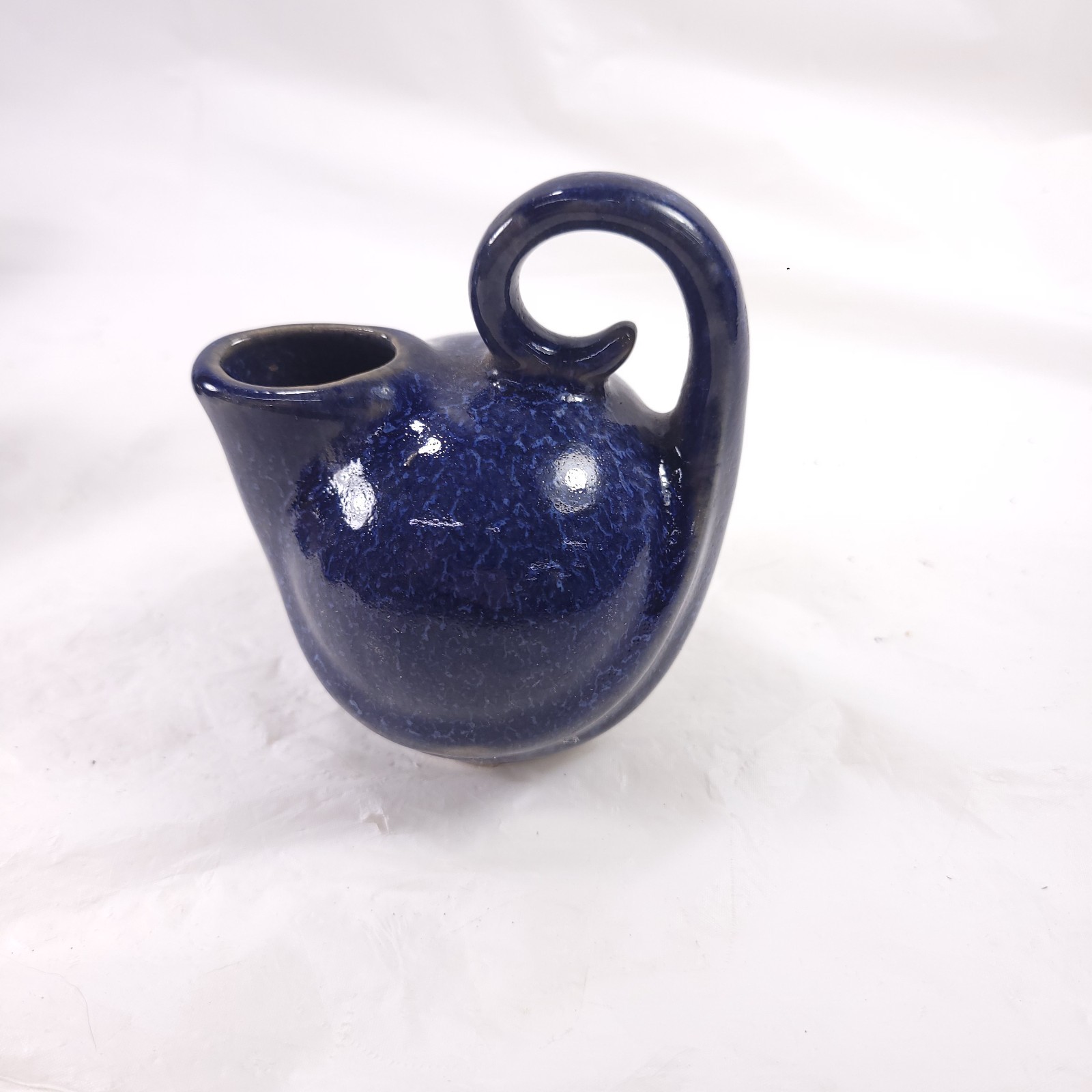 Vintage Dryden Pottery Ball Creamer Pitcher Swirl Handle Blue Miniature Pitcher