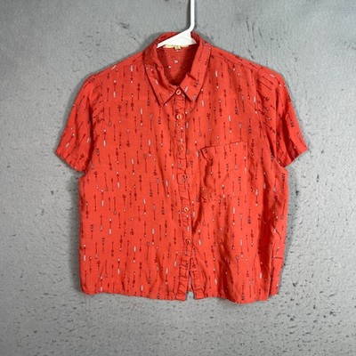 Love Notes Red Button-Up Arrow Print Rayon Shirt Womens Medium