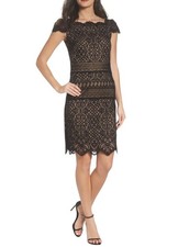 TADASHI SHOJI Femie Black Medallion Corded Lace Nude Lined Sheath Dress 14