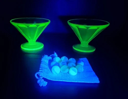 Vintage Two Federal Uranium Glasses And 11 Uranium Marble Lot