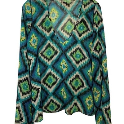 Show me your MuMu green modern print top blouse V neck long loose sleeves Med C