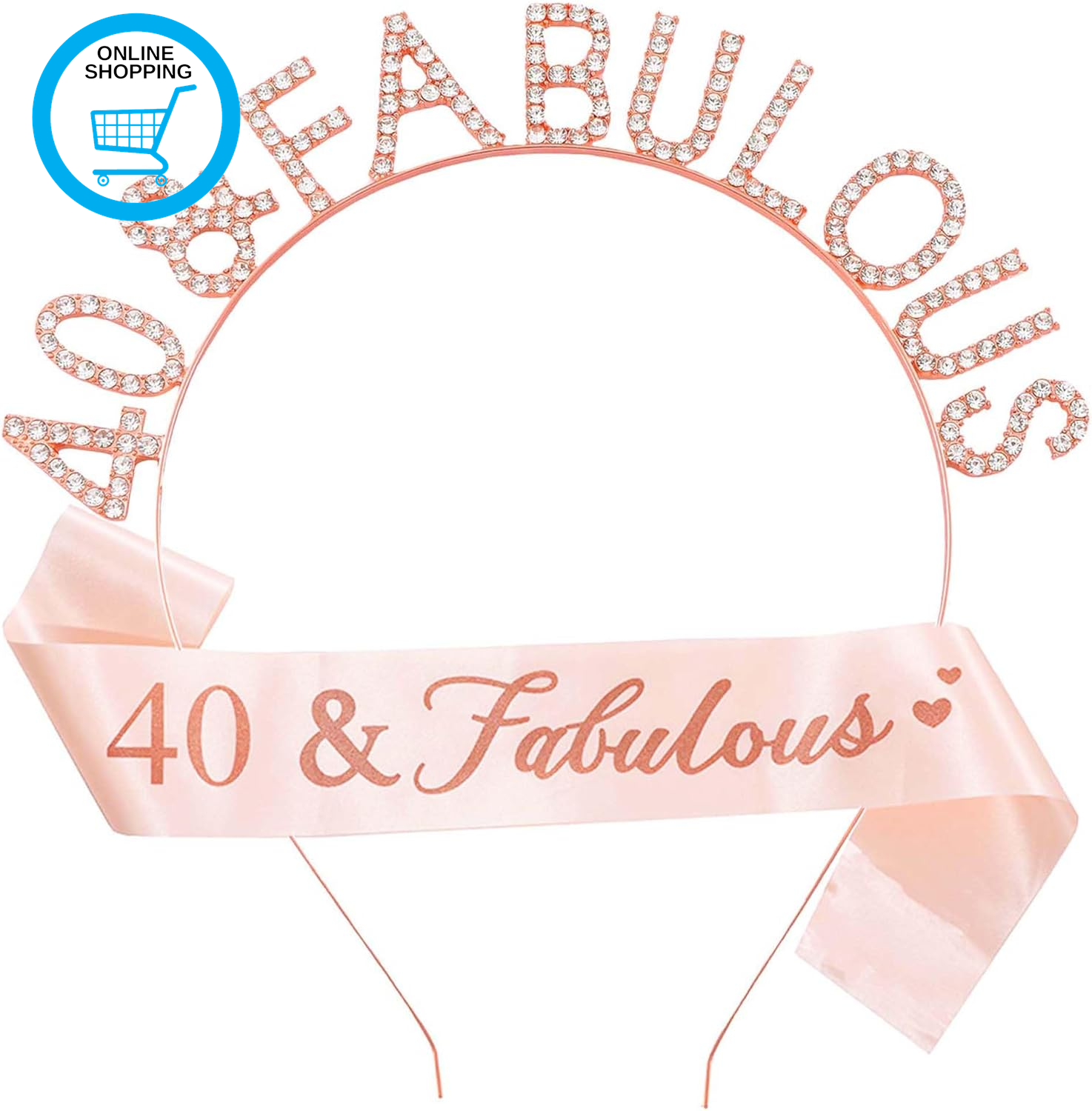 40Th Birthday Sash and Birthday Crown Rose Gold Crystal Tiara Headband for Women