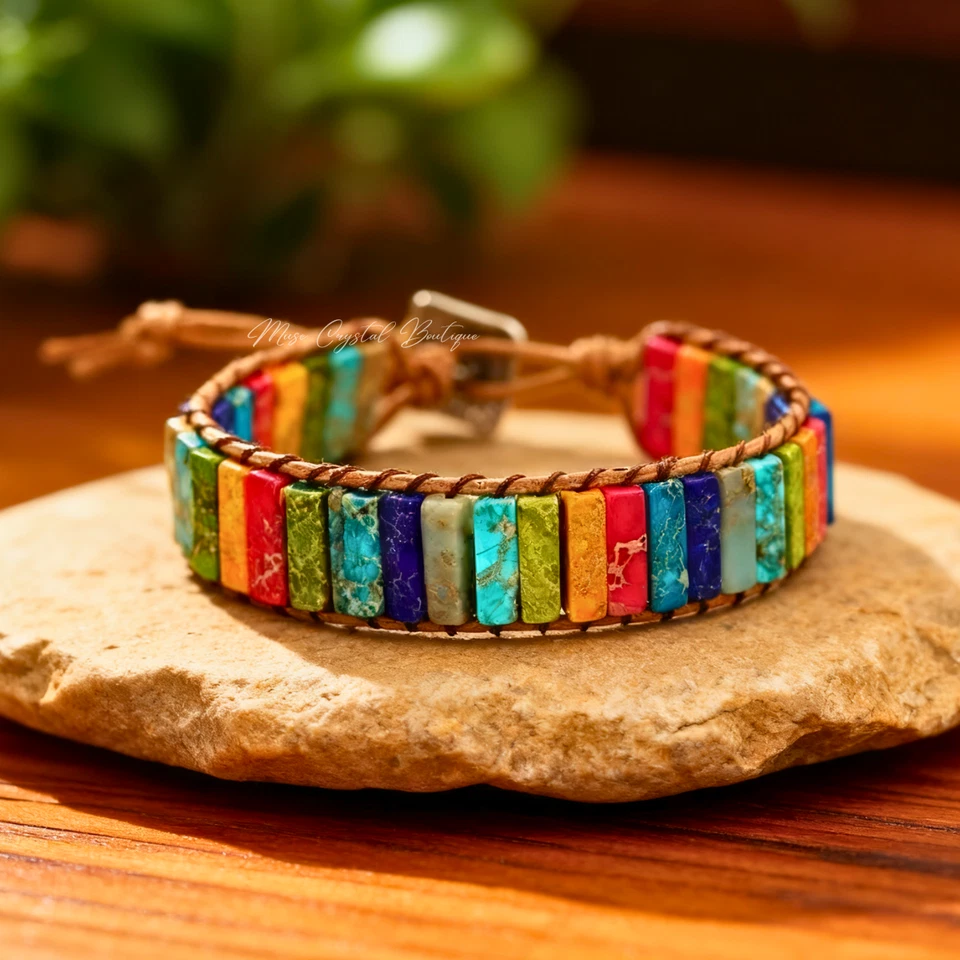 Pulsera de cristal de 7 chakras de jaspe arco iris de cuero con piedra curativa de regalo Foto 4 de 4