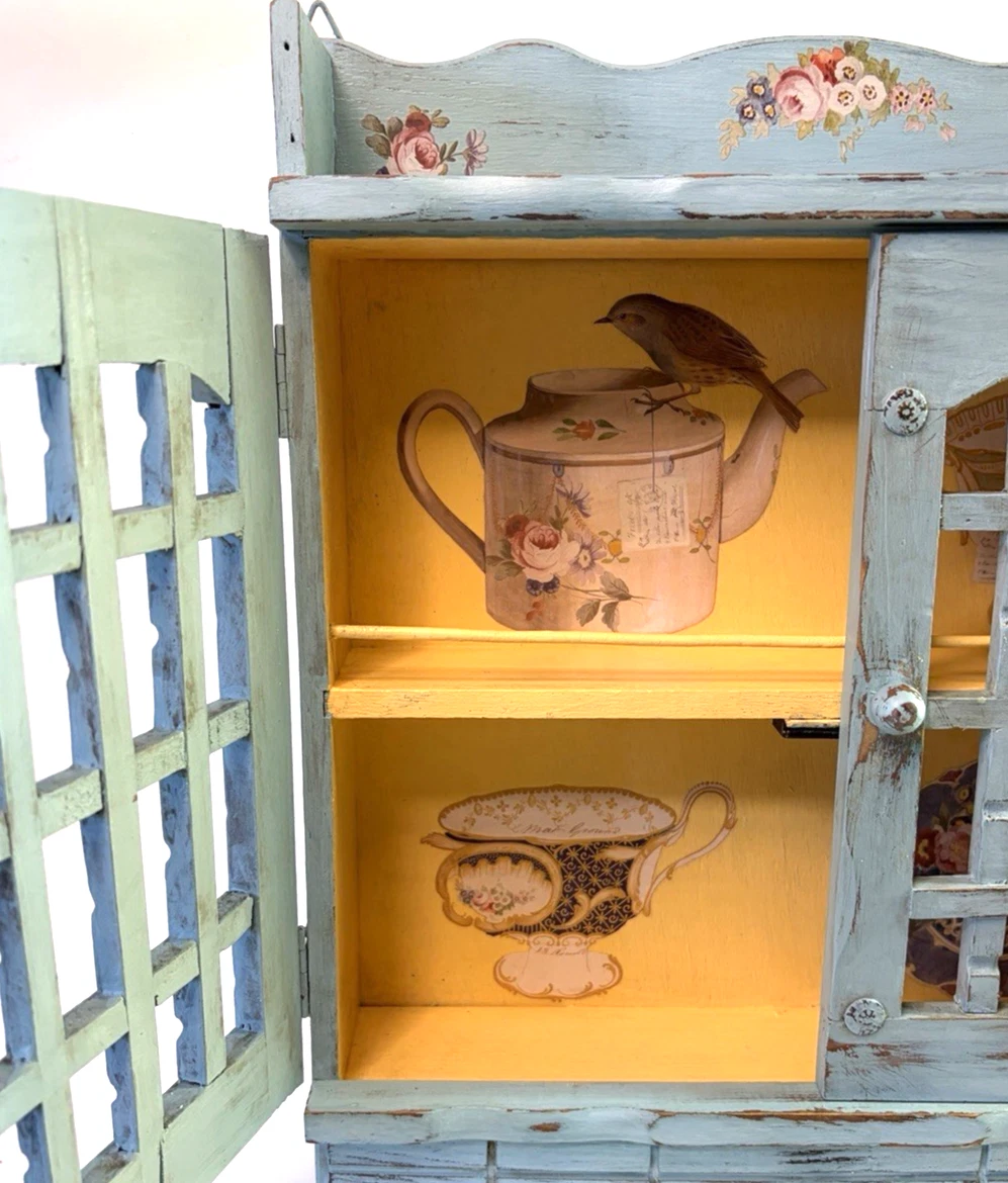 VTG Hand Painted Wood Kitchen Spice Cabinet w/Teacups Bird & Flowers - Cottage