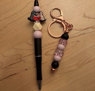 Beaded Elephant Key Chain Keyring w/ Rose Gold Ring, Pink & Black Beads